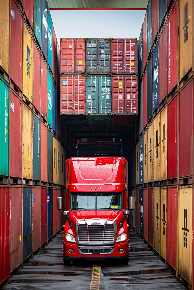 Red truck between rows of shipping containers