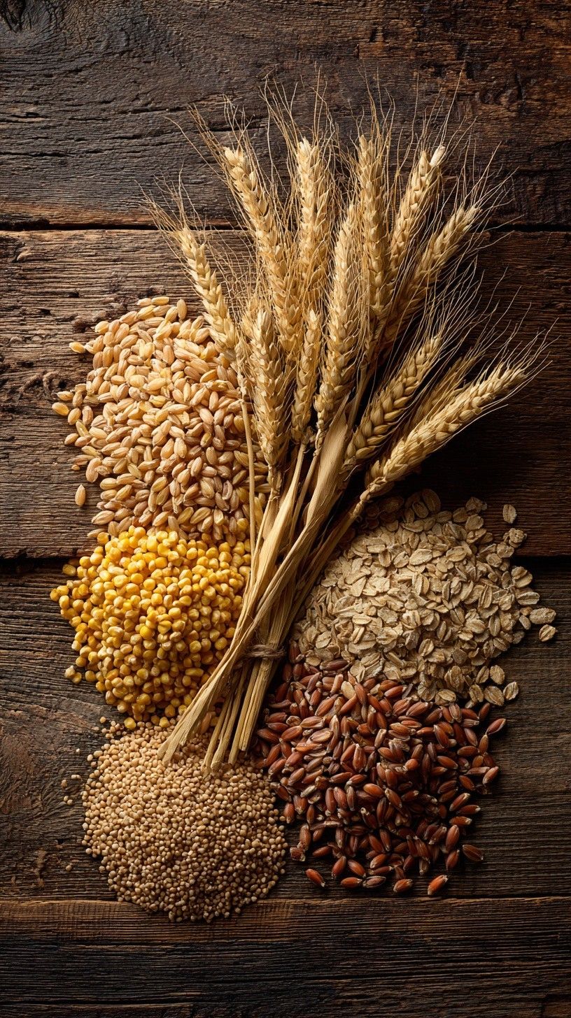 Piles of corn, oats, wheat and millet on a wooden table