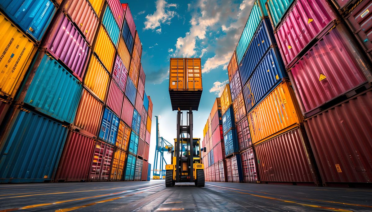Stacked shipping containers at a port